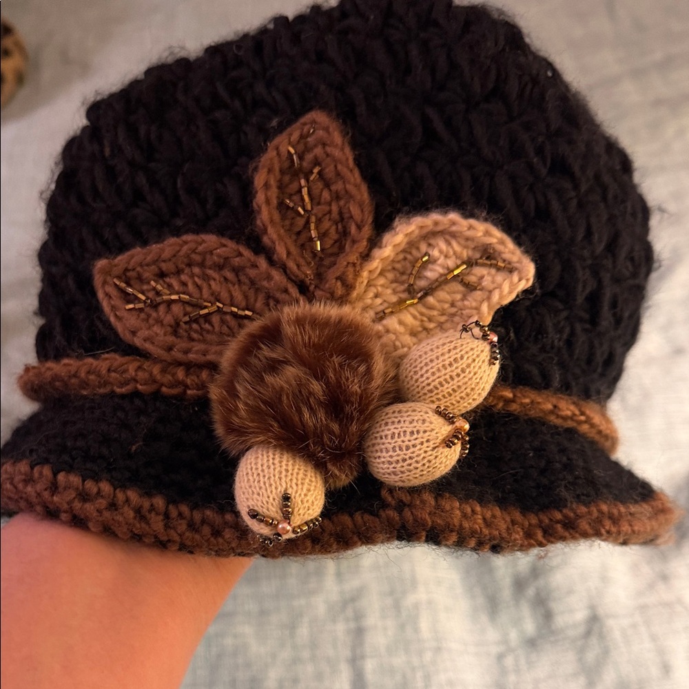 Black and Brown Knit Hat with Leaf Detail